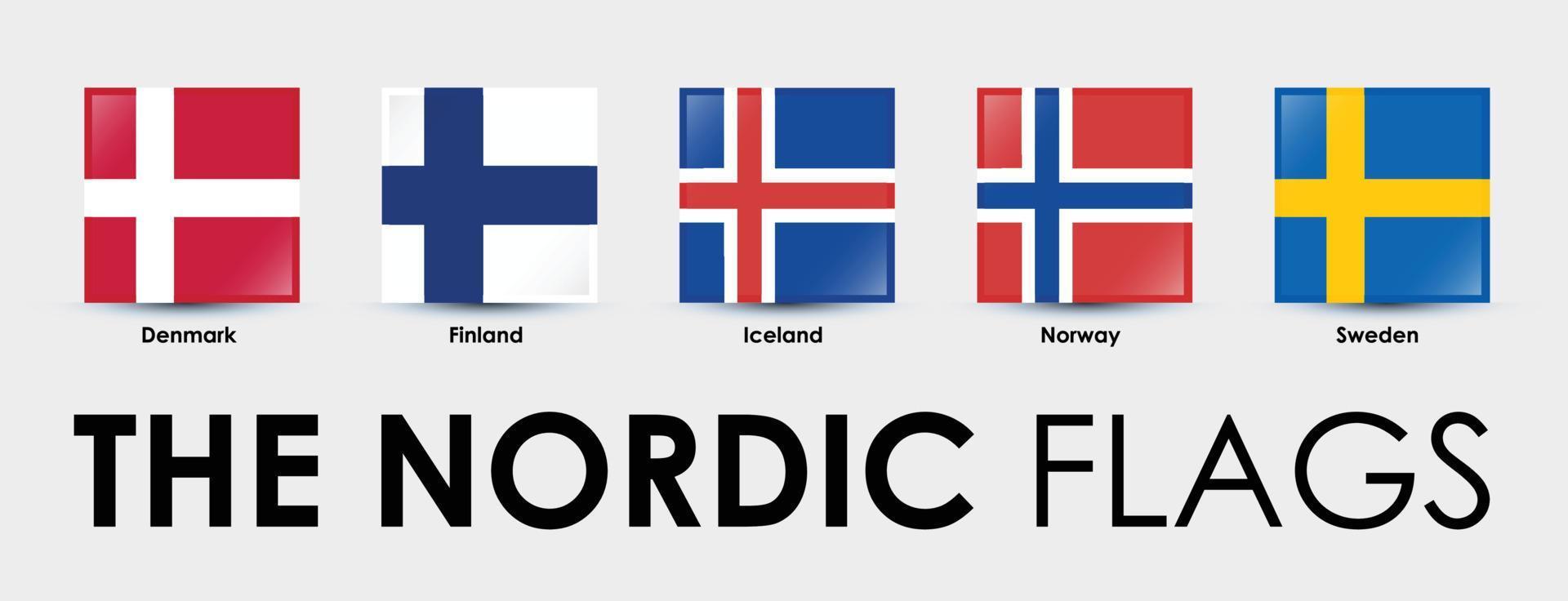a bandeira dos países nórdicos. conjunto de bandeiras quadradas projetadas em fundo cinza vetor