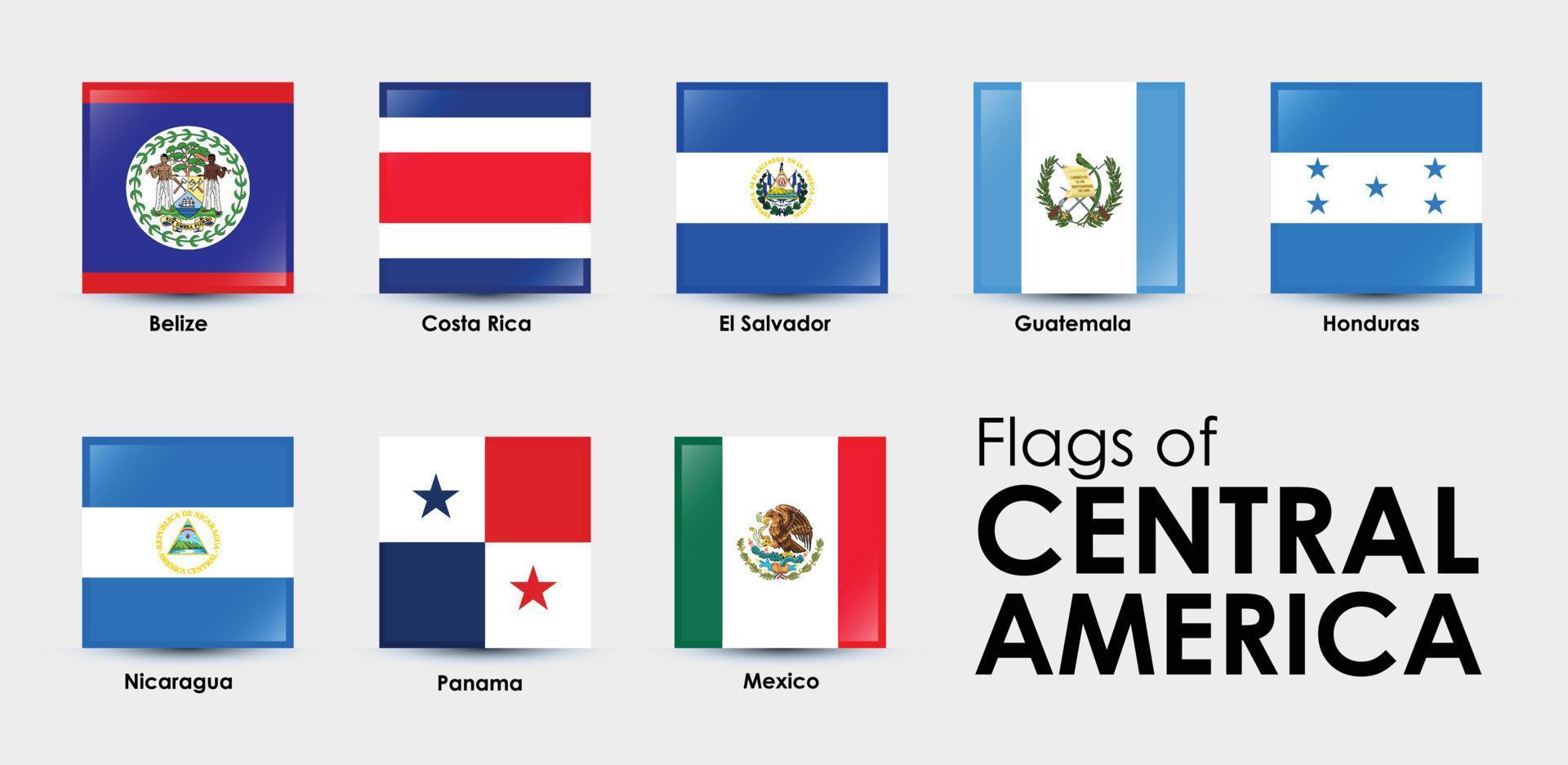 países de ícones de bandeira da américa central. conjunto de design de bandeiras quadradas vetor
