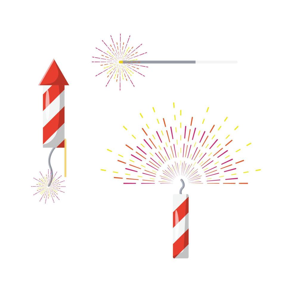 fogos de artifício e foguete de fogos de artifício definir ilustração plana. elemento de design de ícone limpo em fundo branco isolado vetor