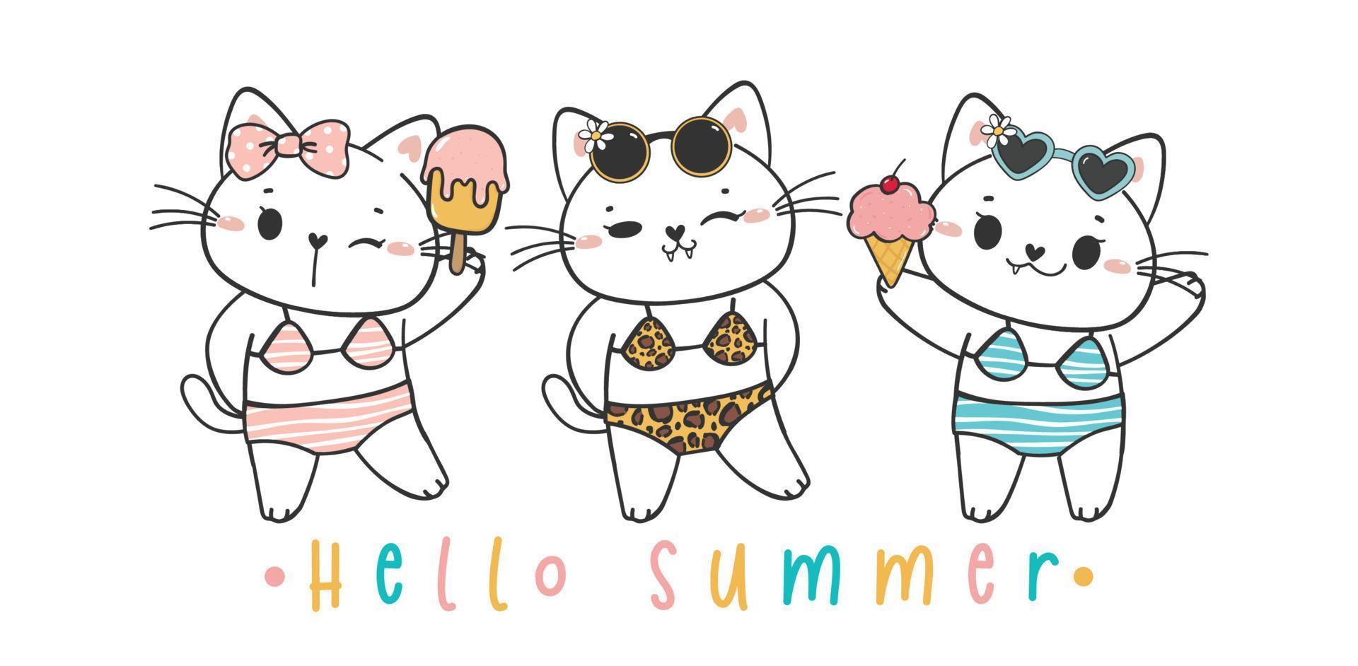 grupo de três gatinhos de verão engraçados e fofos em biquíni colorido doodle animal de estimação vetor desenhado à mão