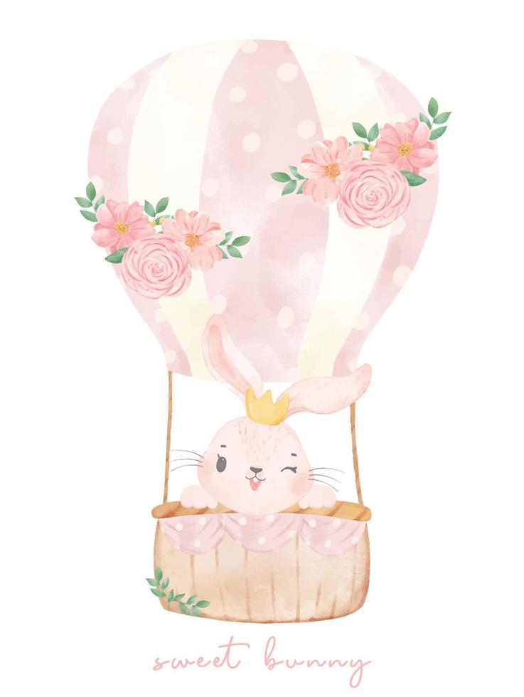 adorável coelhinho rosa em aquarela de balão de ar floral doce hpot, vetor de pintura à mão de animal de berçário fofo