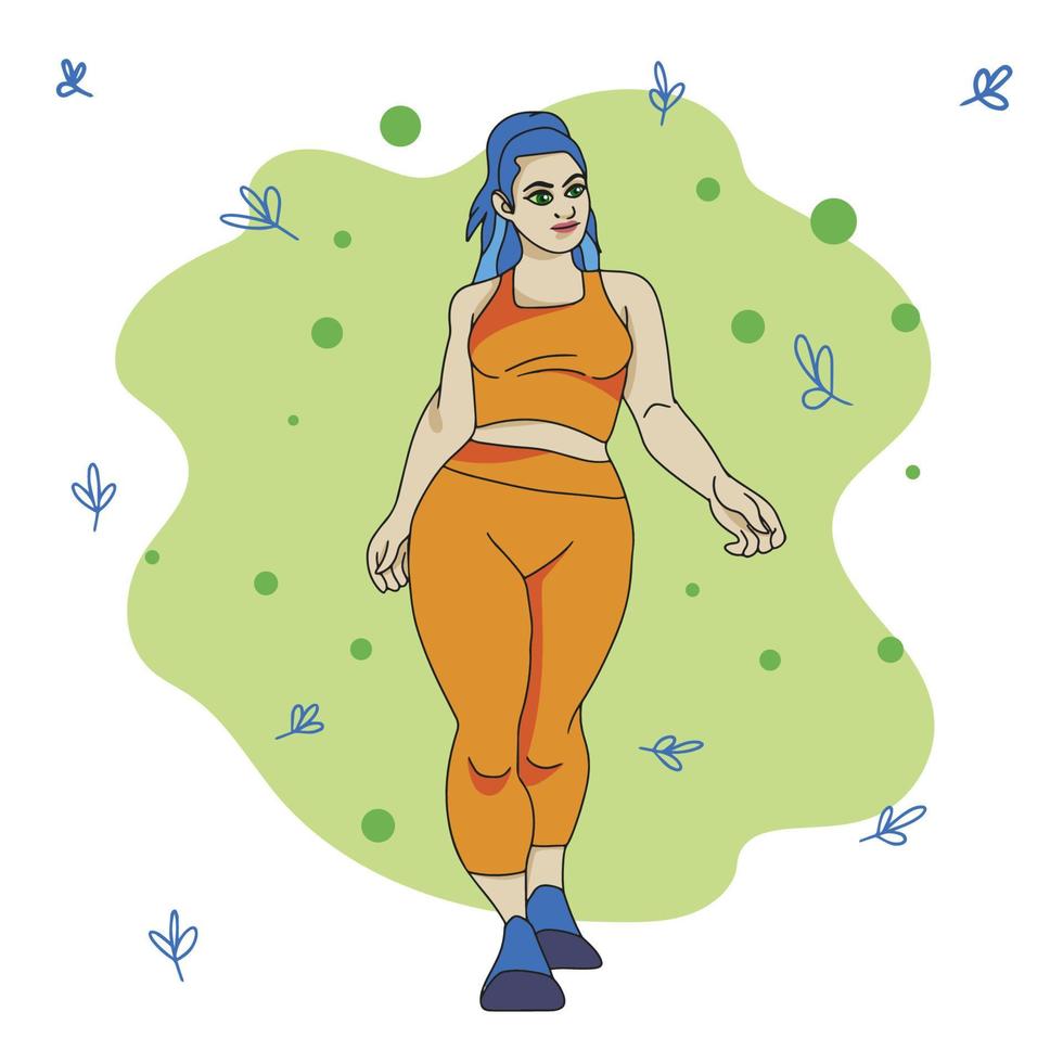 garota de esportes com cabelo brilhante em um terno de fitness, figura de esportes, doodle vetor