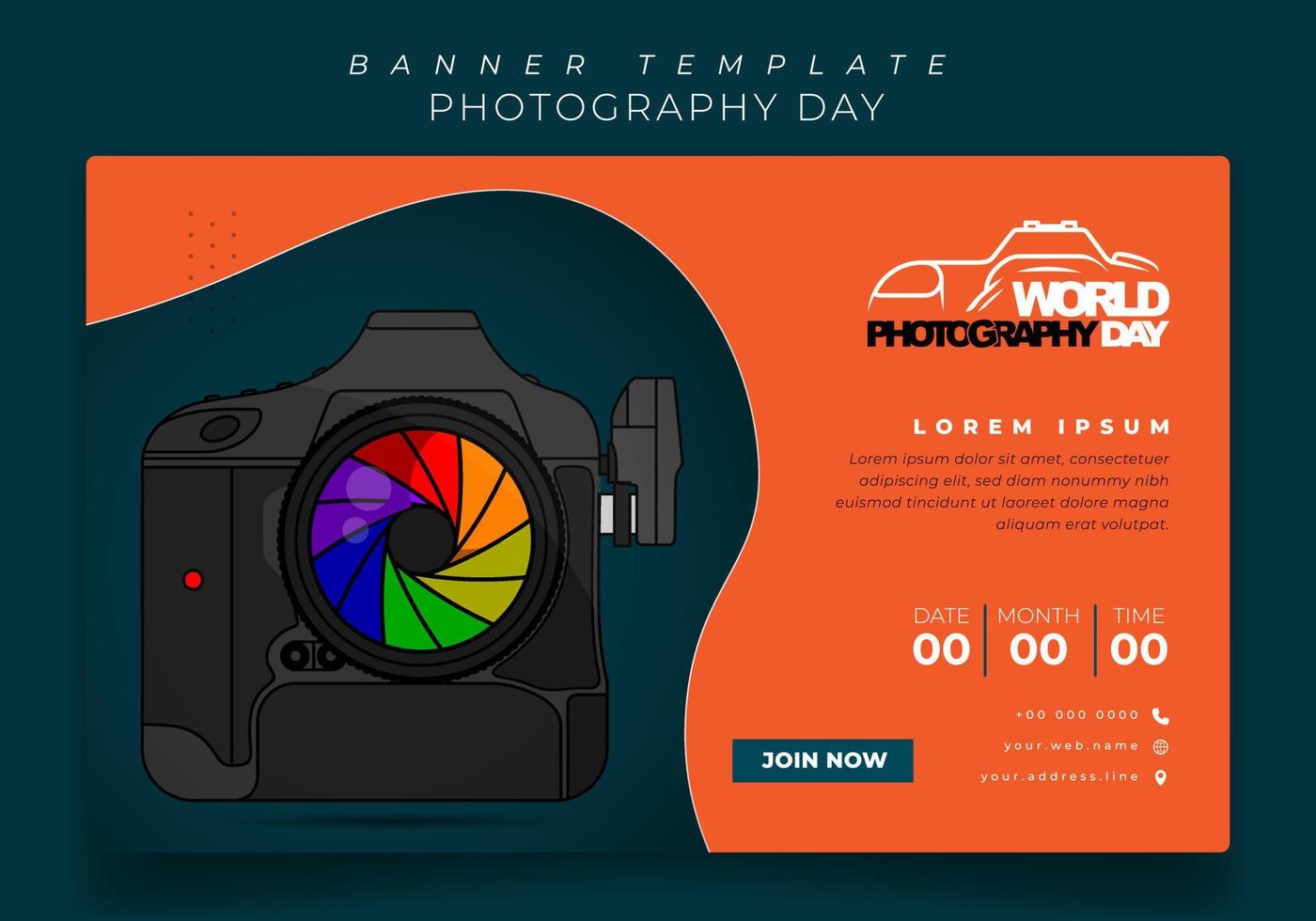 design de modelo de banner em fundo laranja com design de câmera para design de dia de fotografia vetor