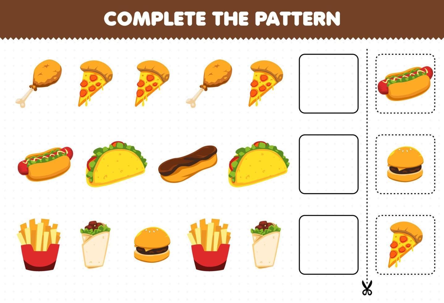 jogo de educação para crianças complete o padrão de raciocínio lógico encontre a regularidade e continue a tarefa de linha com comida e lanche frango frito pizza hotdog taco burger vetor