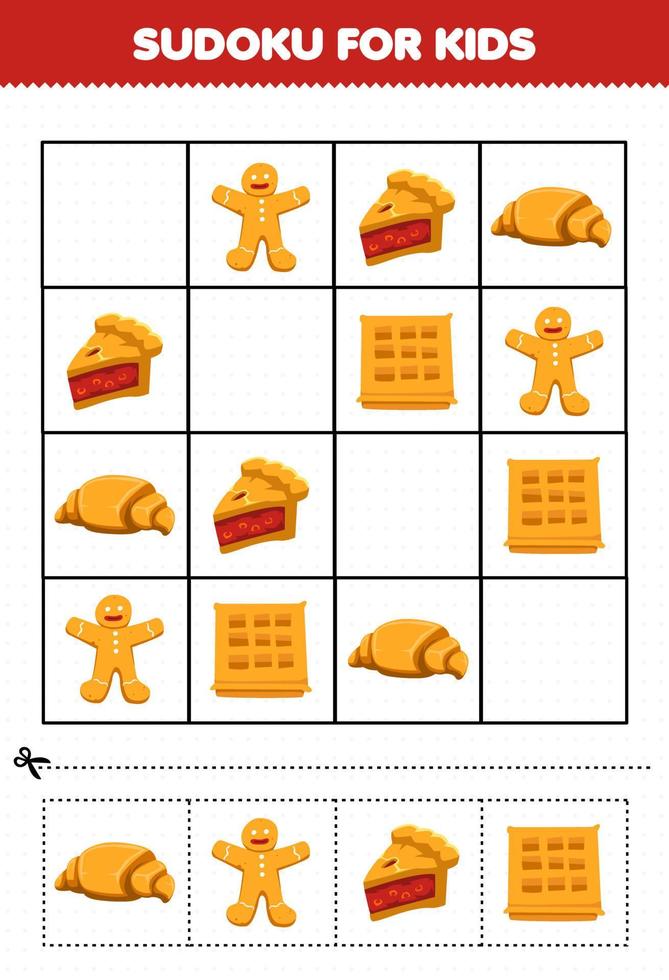 jogo de educação para crianças sudoku para crianças com comida de desenho animado lanche torta de gengibre croissant fotos de waffle vetor