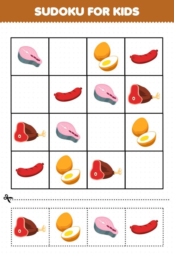 jogo de educação para crianças sudoku para crianças com comida de desenho animado salmão ovo salsicha carne fotos vetor