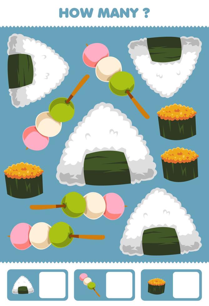 jogo de educação para crianças pesquisando e contando atividade para pré-escola quantos desenhos animados comida japonesa sushi onigiri dango vetor