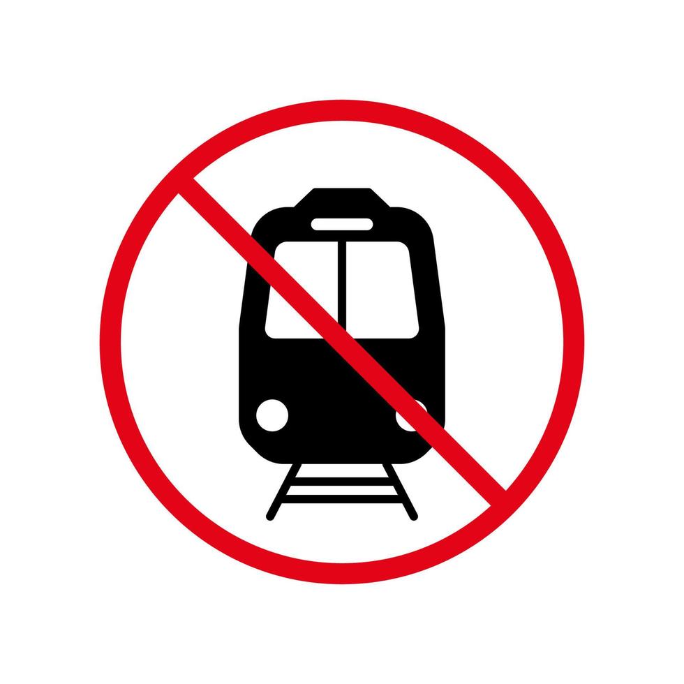 nenhum ícone de proibição de silhueta preta de trem. pictograma proibido de transporte ferroviário. símbolo de círculo de parada vermelha da ferrovia. sinal restrito da estação ferroviária. trem de alerta proibido. ilustração vetorial isolado. vetor
