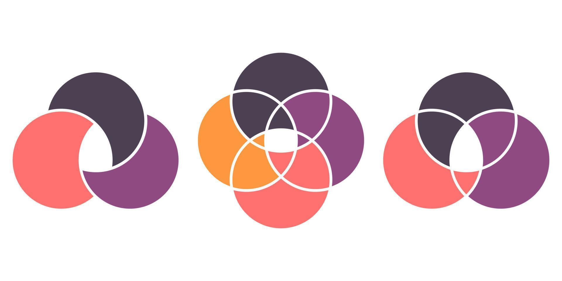 conjunto de infográfico de cor diagrama de venn. infográfico de três e quatro círculos cruzados. 3, 4 conceito de gráfico de círculos. diagrama venn. gráfico de negócios de estrutura. esquema circular vazio. ilustração vetorial. vetor