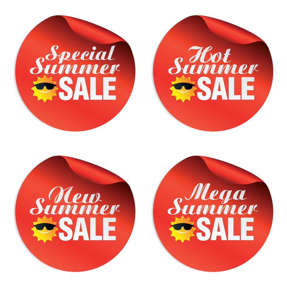 adesivos de venda de verão vermelho especial, quente, novo, mega com ícone de sol engraçado vetor