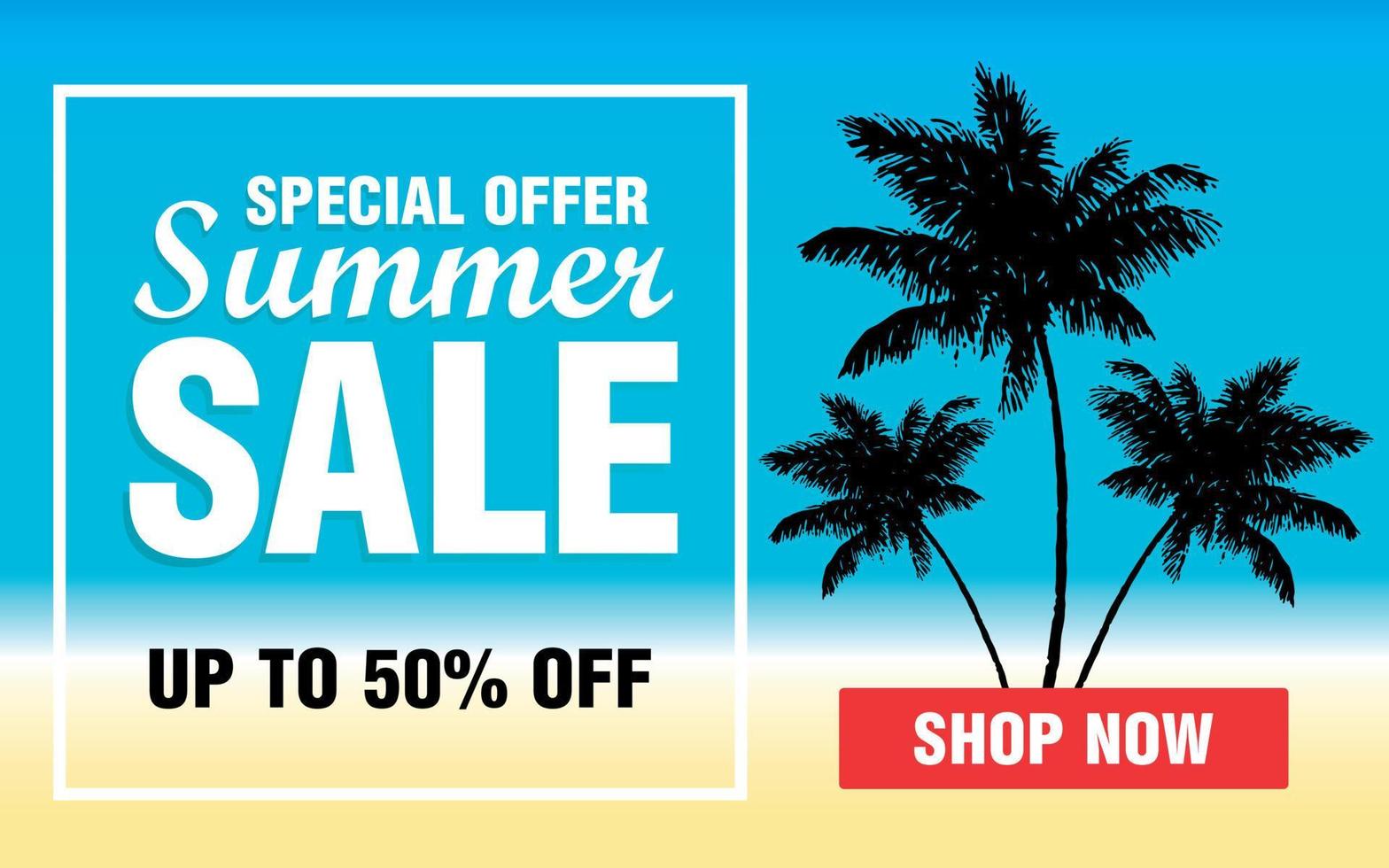 oferta especial venda de verão. projeto de venda de verão com desconto de 50. banner de venda de verão com palmeiras vetor