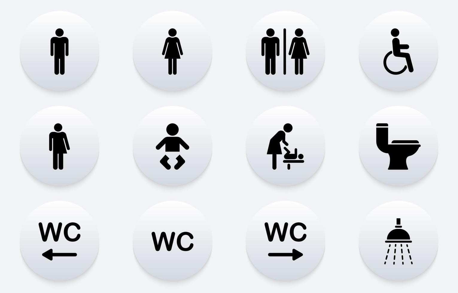 conjunto de ícone de silhueta de banheiro. sinal de wc na porta para banheiro público. sinal de banheiro para homens, mulheres e crianças. ícone de quarto de mãe e bebê. banheiro de símbolos. ilustração vetorial. vetor