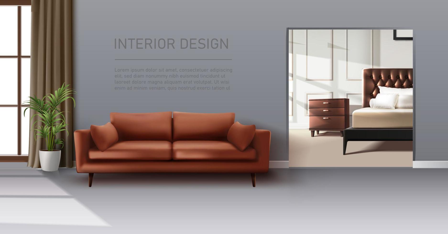 3D de fundo vector realista. design de interiores de sala de estar. sofá com grande janela, planta e quarto com cama.