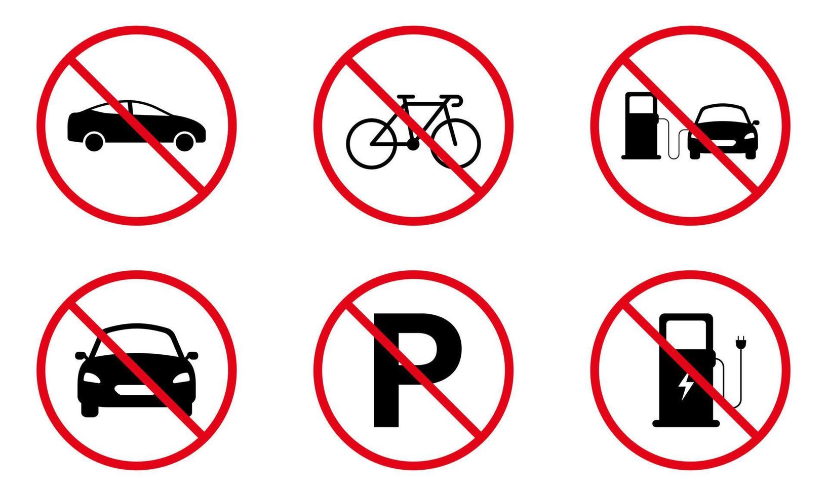 veículo roda carro proibição silhueta preta ícone. proibir o pictograma de bicicleta. gasolina posto de gasolina símbolo de círculo de parada vermelha. nenhum sinal de estrada automotivo permitido. estacionamento proibido. ilustração vetorial isolado. vetor