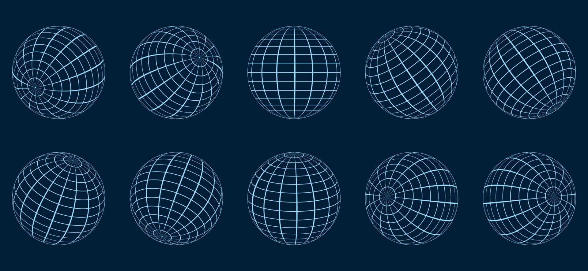 conjunto de esfera de grade globo. latitude global da terra do fio 3d, longitude. globo de grade geométrica. bola de malha de grade redonda. globo de planeta 3d de linha com fio. superfície do globo de wireframe. ilustração vetorial isolado. vetor