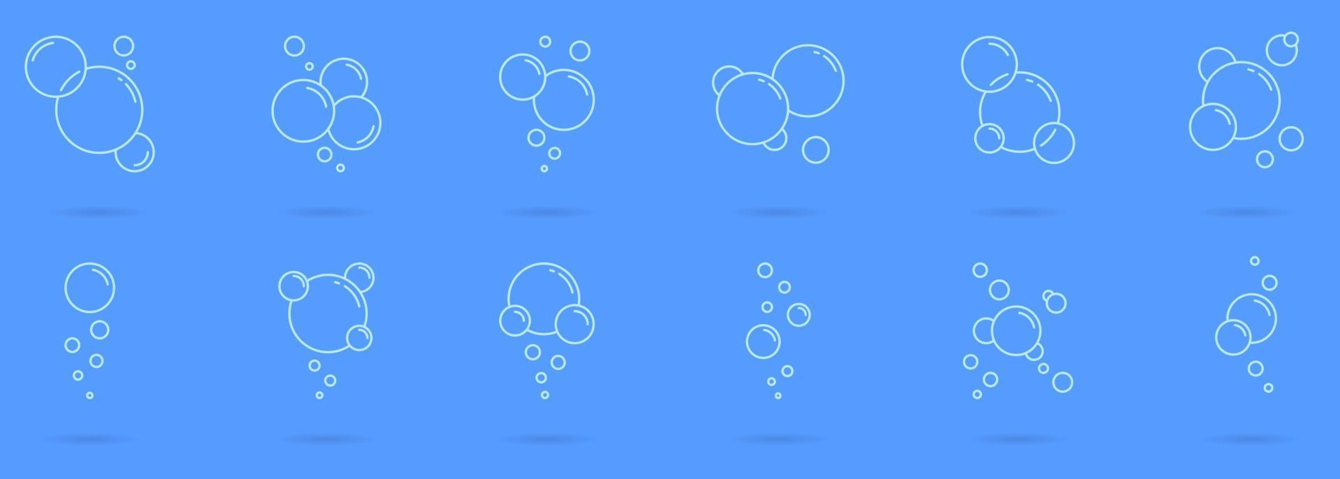 bolhas redondas de ícone de espuma ou sopa definido no estilo de neumorfismo. refrigerante, água com gás, lavanderia, champanhe, pictograma de limpeza. ícone de sabão de bolha de círculo. ilustração vetorial isolado. vetor