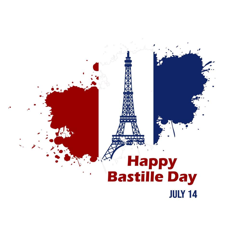 dia nacional francês comemorar banner de pincelada com cores da bandeira nacional da frança. saudações feliz dia da bastilha. ilustração vetorial. vetor
