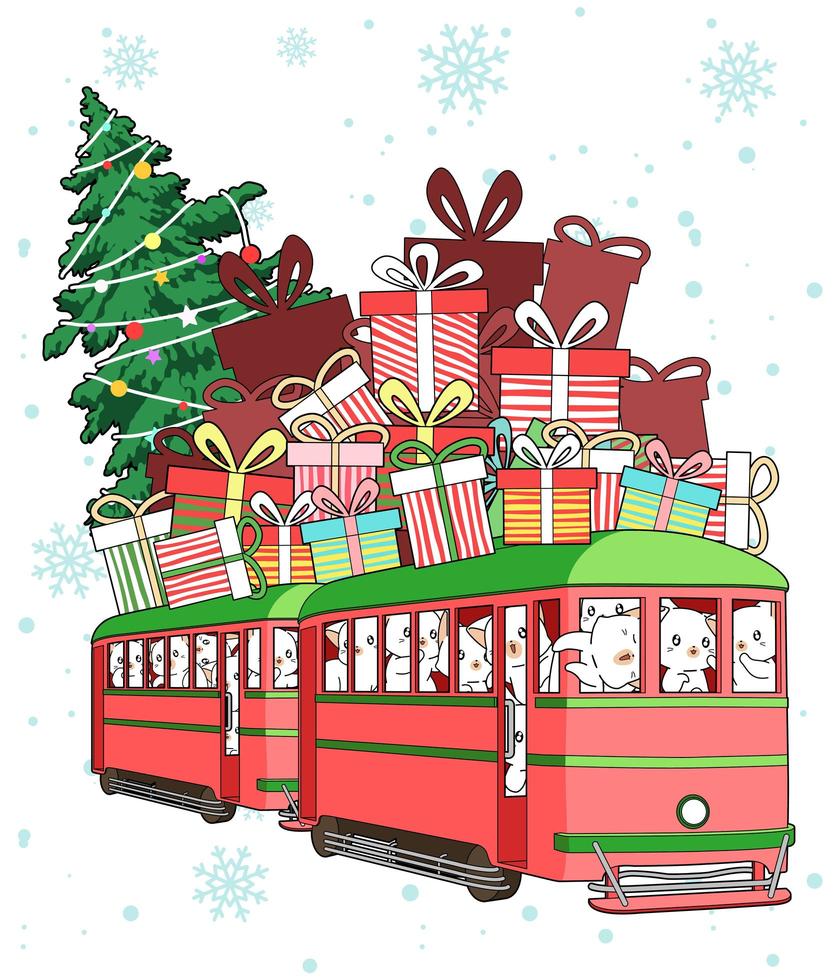gatos andando de trem com presentes e árvore de Natal em cima vetor