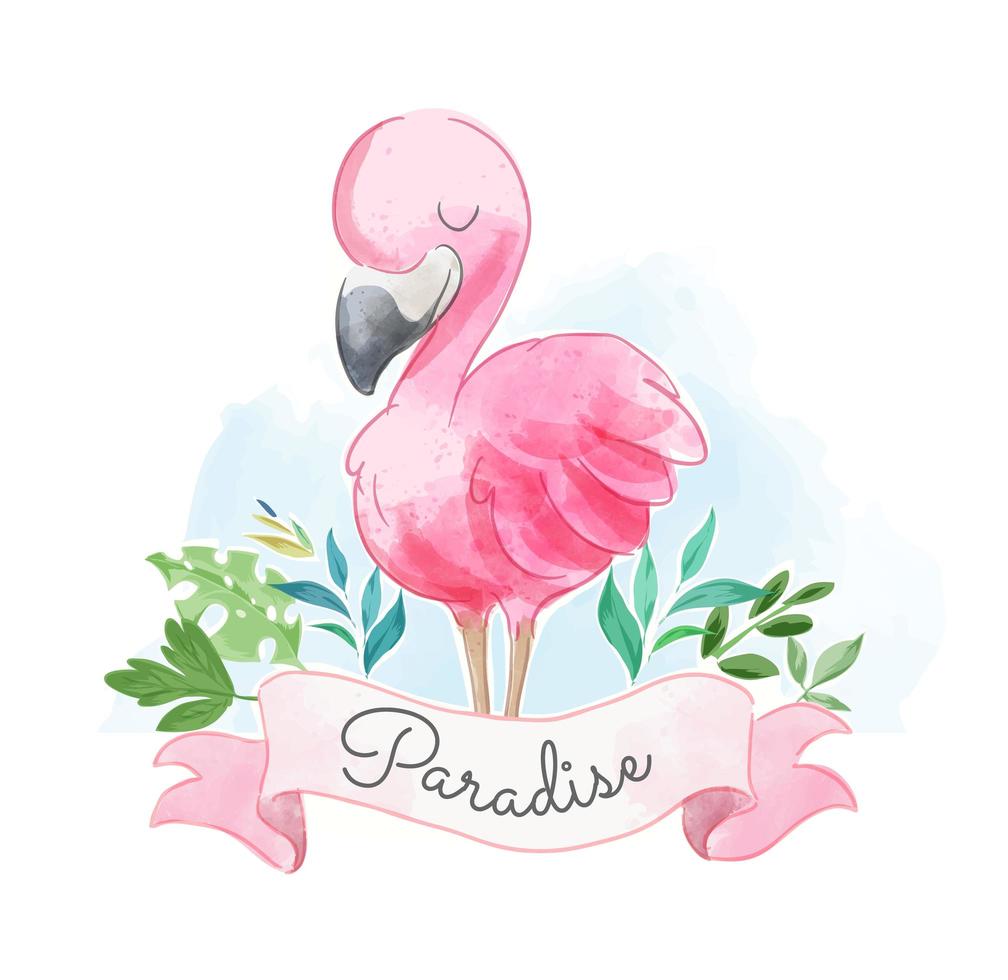 flamingo rosa bonito com sinal de paraíso vetor