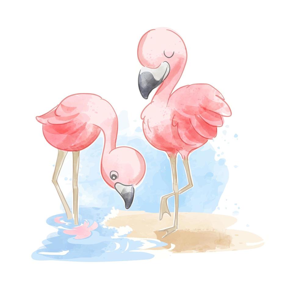 casal flamingo fofo na praia vetor