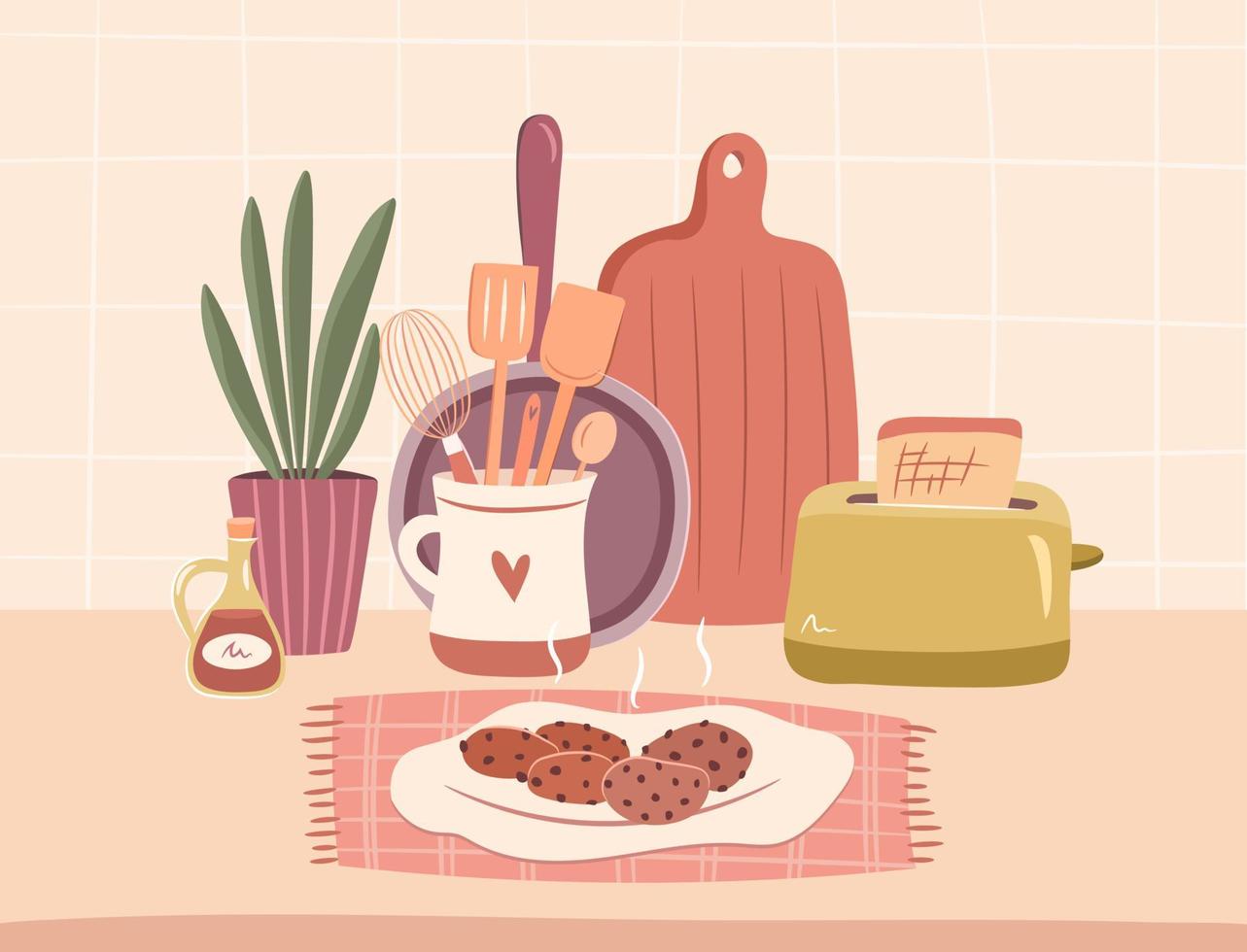 conjunto aconchegante de utensílios de cozinha. conceito de cozinha aconchegante. composição de utensílios, torradeira, panela, biscoitos de chocolate, tábua de cortar. ilustração vetorial desenhada de mão bonita em estilo simples. vetor