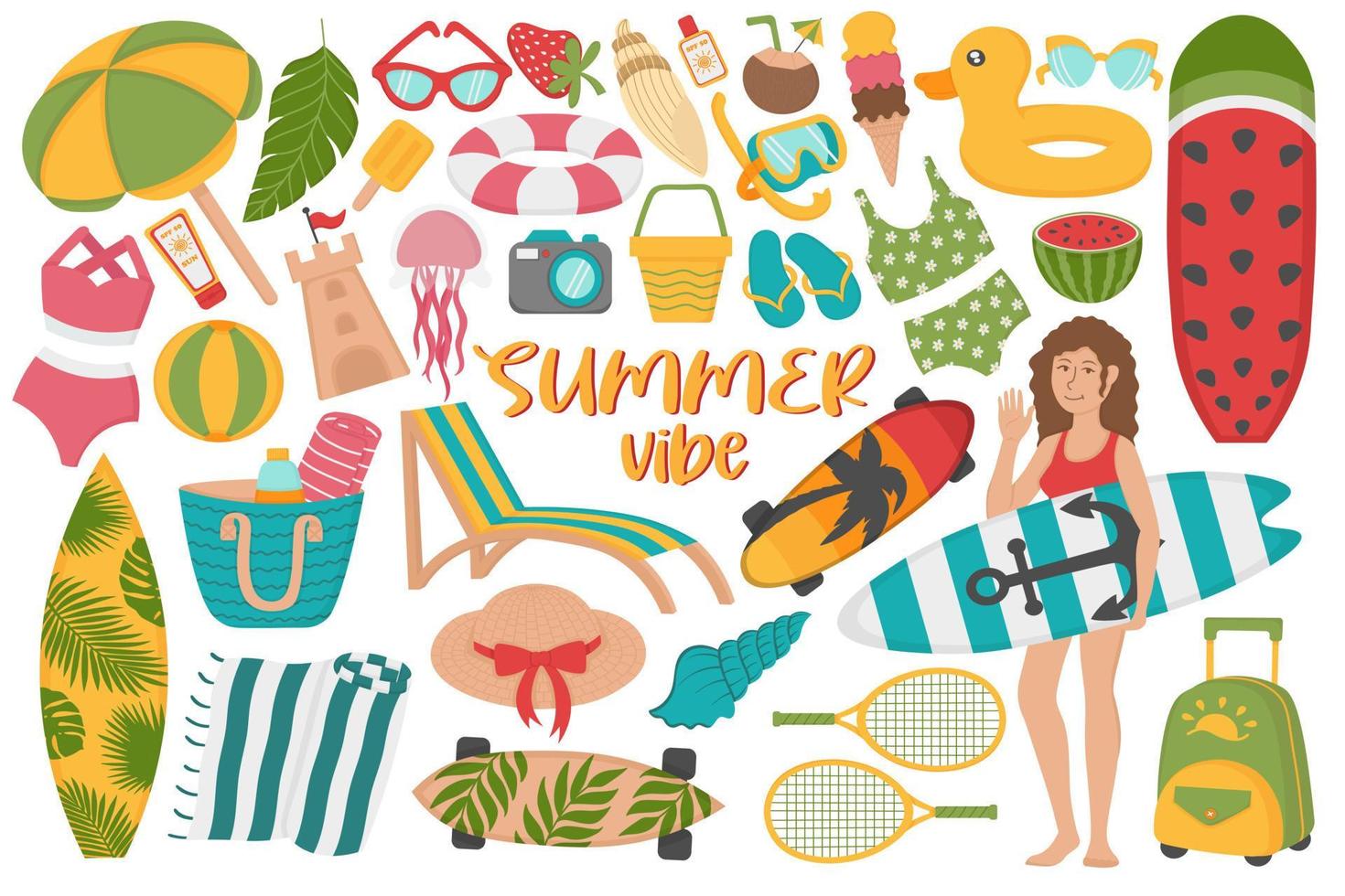 conjunto de férias de verão na praia. doodle clipart plano. todos os objetos são repintados. vetor