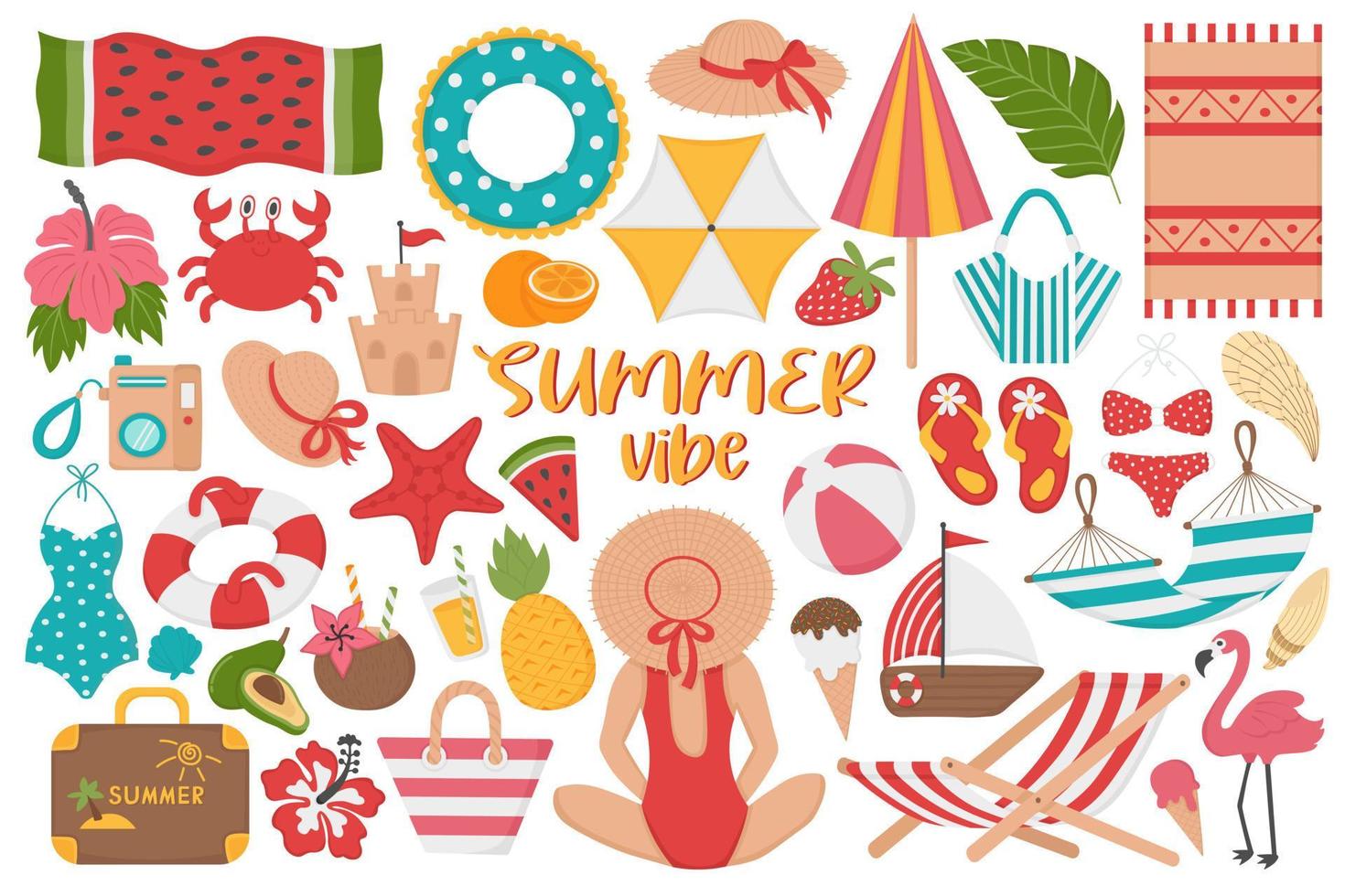 conjunto de férias de verão na praia. doodle clipart plano. todos os objetos são repintados. vetor