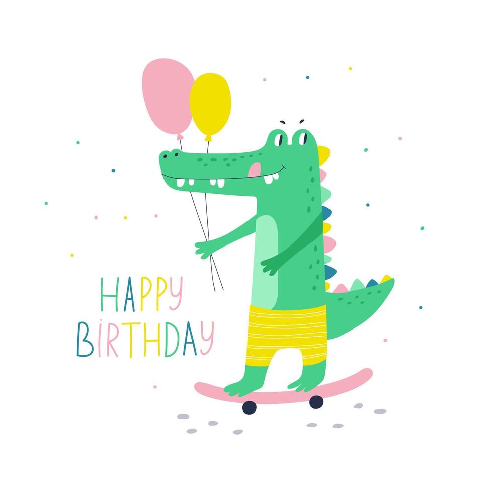 cartão de feliz aniversário com crocodilo. ilustrações vetoriais vetor