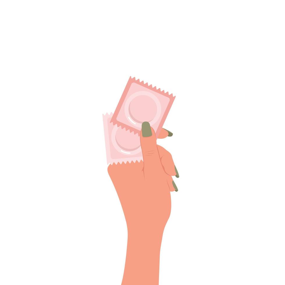 uma garota está segurando um par de diferentes preservativos de estilo simples na mão. conceito de métodos de contracepção e controle de natalidade. camisinha para sexo seguro. ilustração vetorial vetor