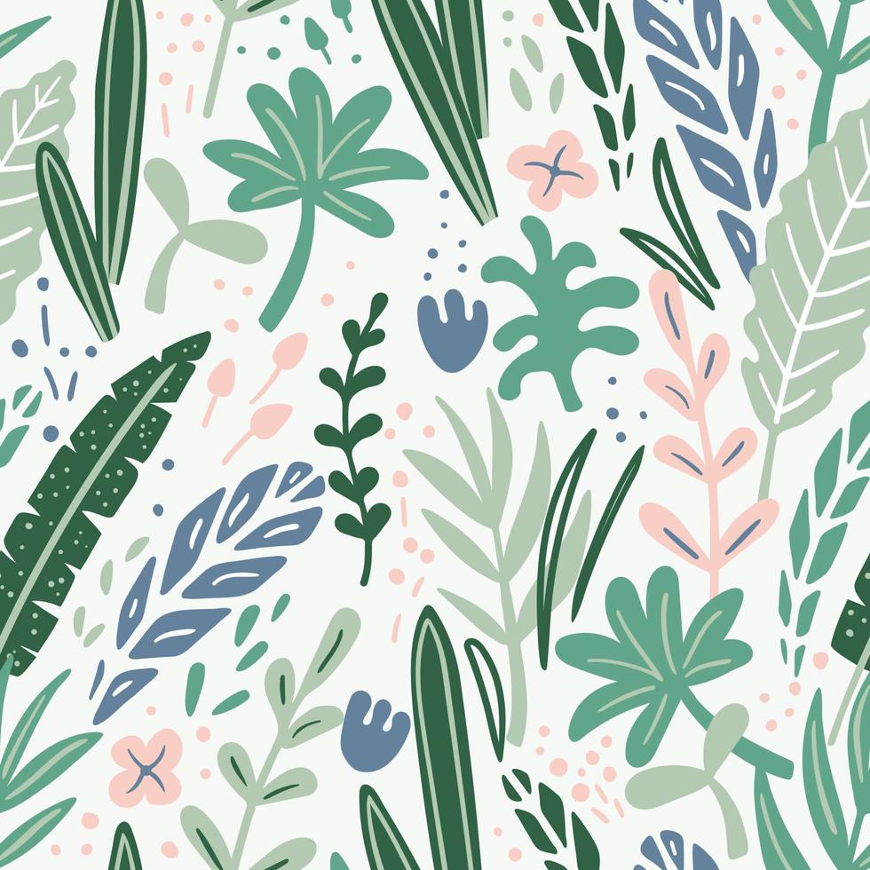 sem costura padrão com diferentes folhas e flores verdes, azuis e rosa. design de plantas tropicais para tecido, têxtil, papel de embrulho vetor
