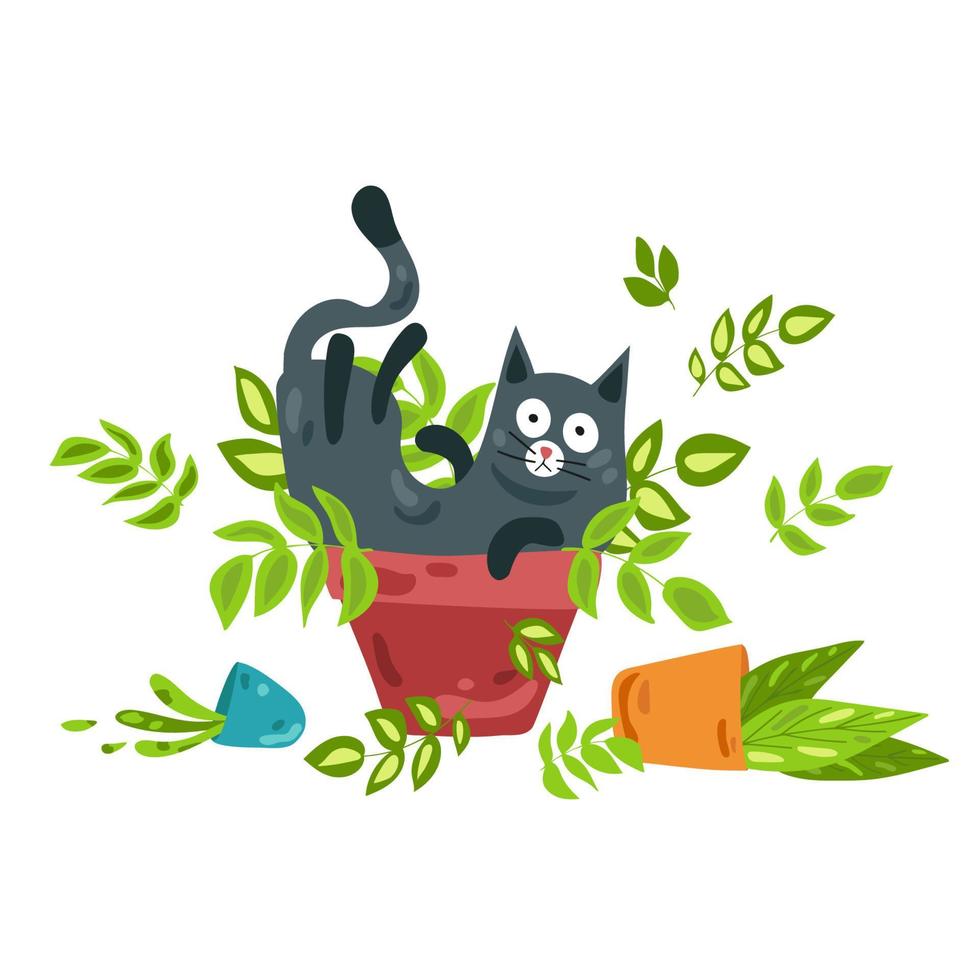 um gato preto senta-se em uma flor em vaso. o gato brincalhão virou todas as flores. ilustração vetorial vetor