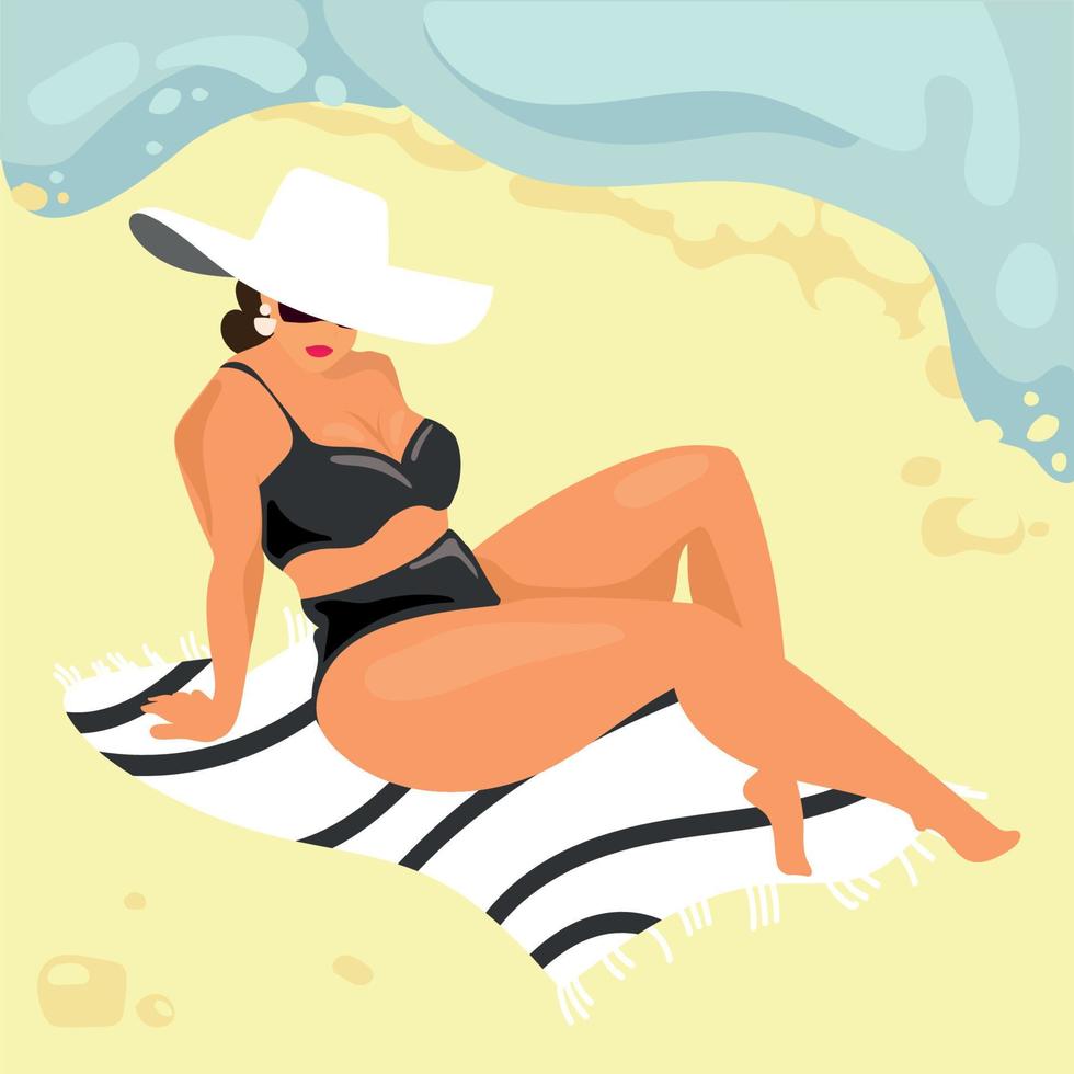 mulher gorda em traje de banho e chapéu toma sol na praia perto da ilustração vetorial de mar ou oceano. plus size linda garota sexy está relaxada na praia. vetor