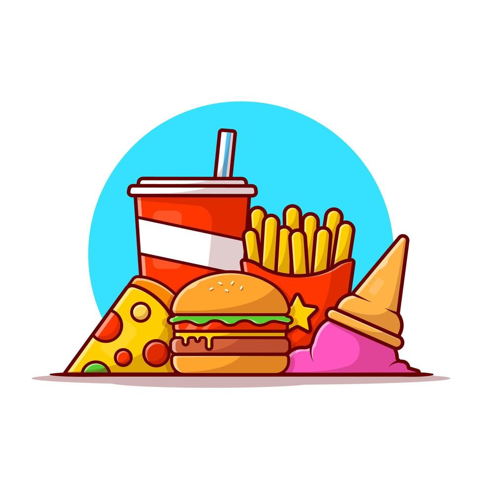 hambúrguer, batatas fritas, refrigerante, pizza e sorvete cone ilustração vetorial dos desenhos animados. comida objeto ícone conceito isolado vetor premium. estilo de desenho animado plano