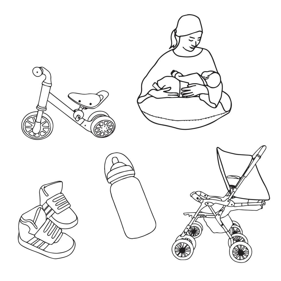 conjunto de doodle temático infantil recém-nascido. cuidados com o bebê, alimentação, material de saúde, segurança, móveis, acessórios. desenhos vetoriais isolados no fundo branco. vetor
