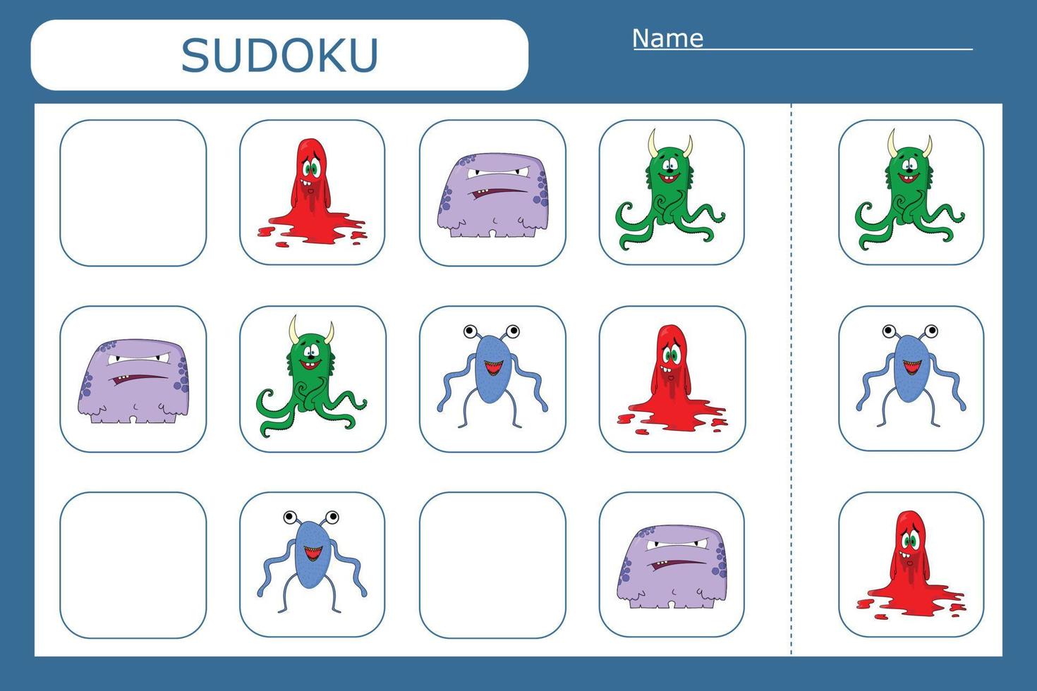 jogo de sudoku para crianças com monstros coloridos. ficha de atividades infantis. vetor