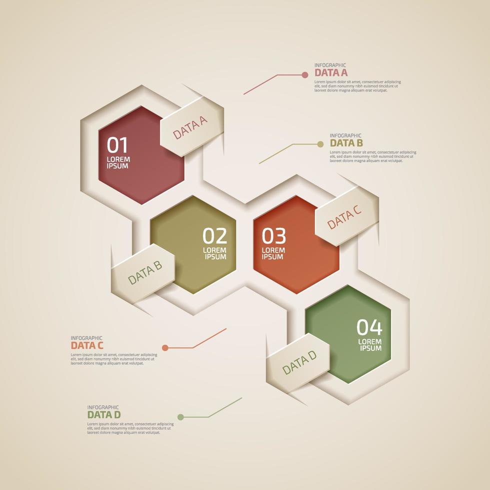 modelo de infográfico de negócios de quatro elementos hexagonais realistas com ícones de linha fina vetor