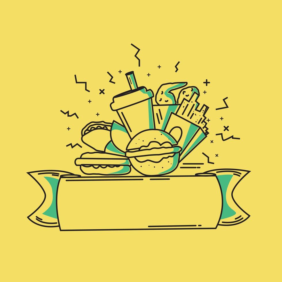 doodle de fast-food em fundo de cor amarela. hambúrguer, cachorro-quente, batatas fritas, copo de refrigerante, kebab, asas de frango, rótulo, ilustração vetorial. cor editável no eps 10. vetor
