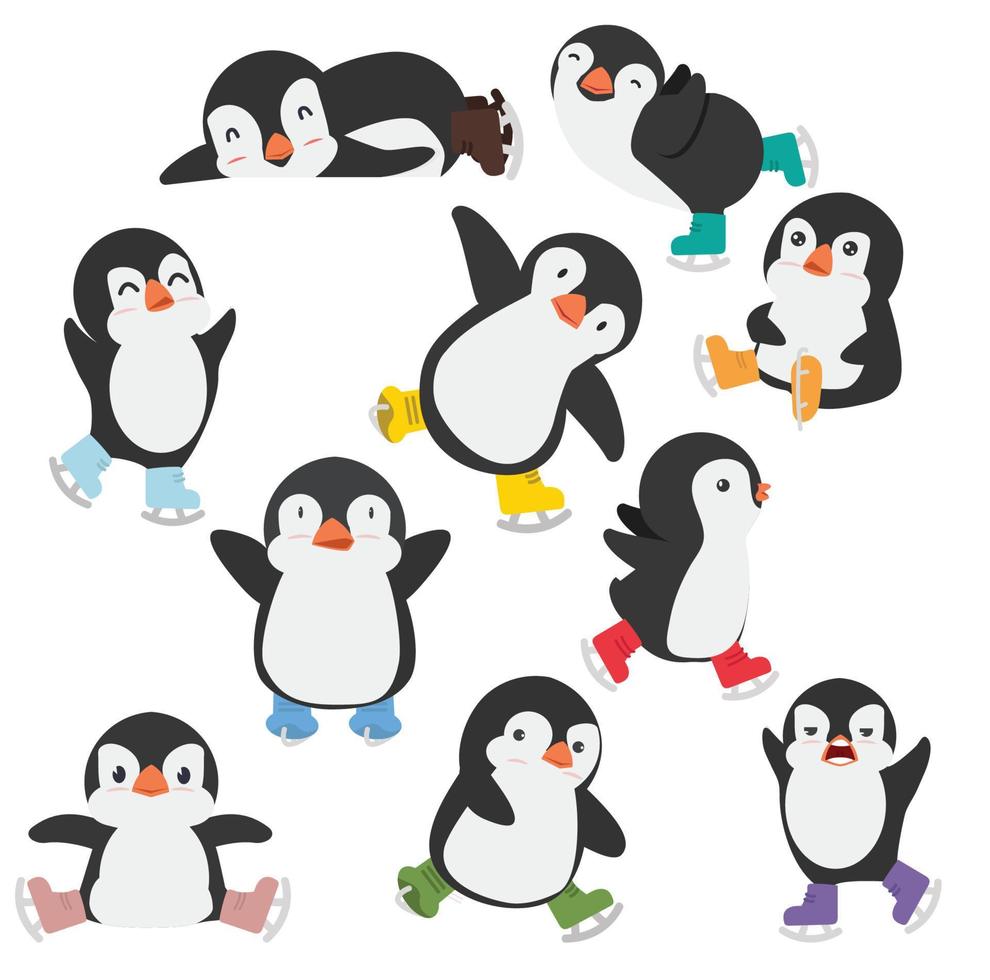 conjunto de desenhos animados de patins de gelo pinguim feliz vetor