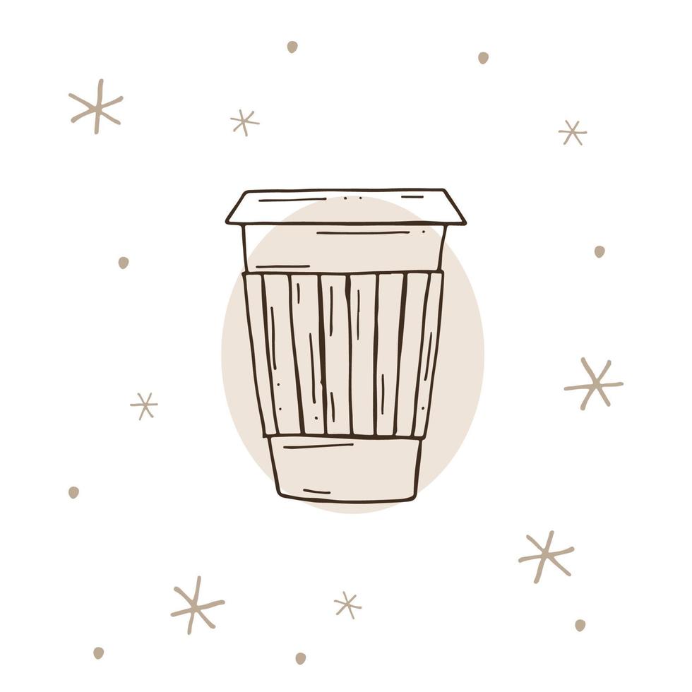 xícara de café de papel com flocos de neve em um fundo branco e marrom. ilustração vetorial em estilo doodle. clima de inverno. olá 2023. feliz natal e feliz ano novo. vetor