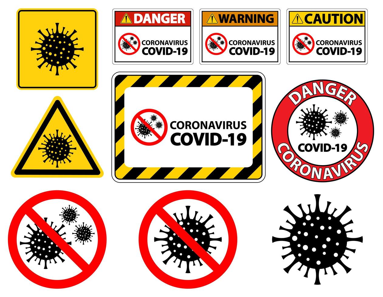 conjunto de sinais de cuidado e aviso de coronavírus e covid-19 vetor