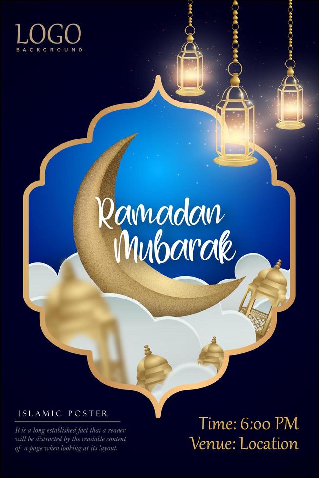 design de moldura azul e dourada de ramadan mubarak vetor
