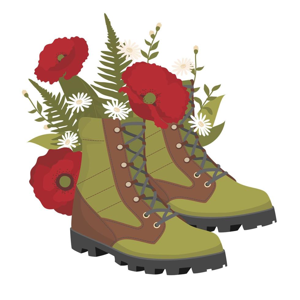 botas de caminhada com um bouquet floral de papoilas e margaridas. vetor