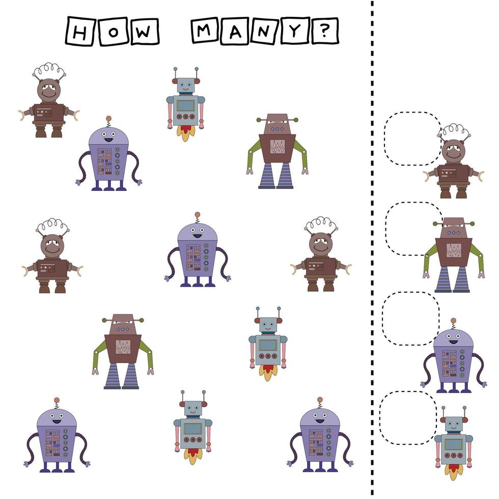 Quantos De Cada Tipo De Robô Cartoon Crianças Contando Ilustração