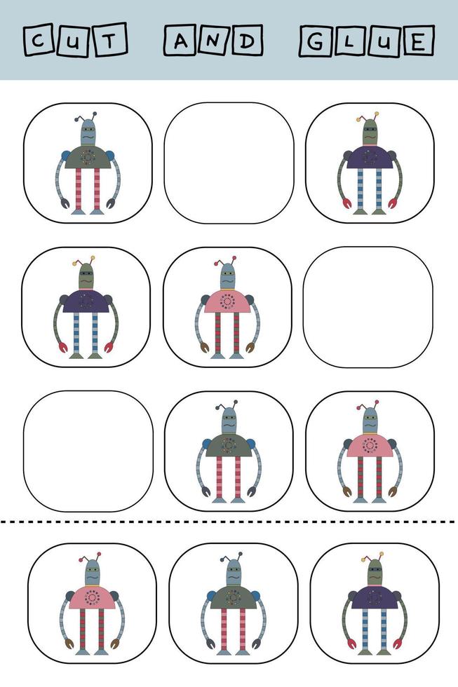 planilha de desenho vetorial, a tarefa é cortar e colar uma peça em robôs coloridos. jogo de lógica para crianças. vetor