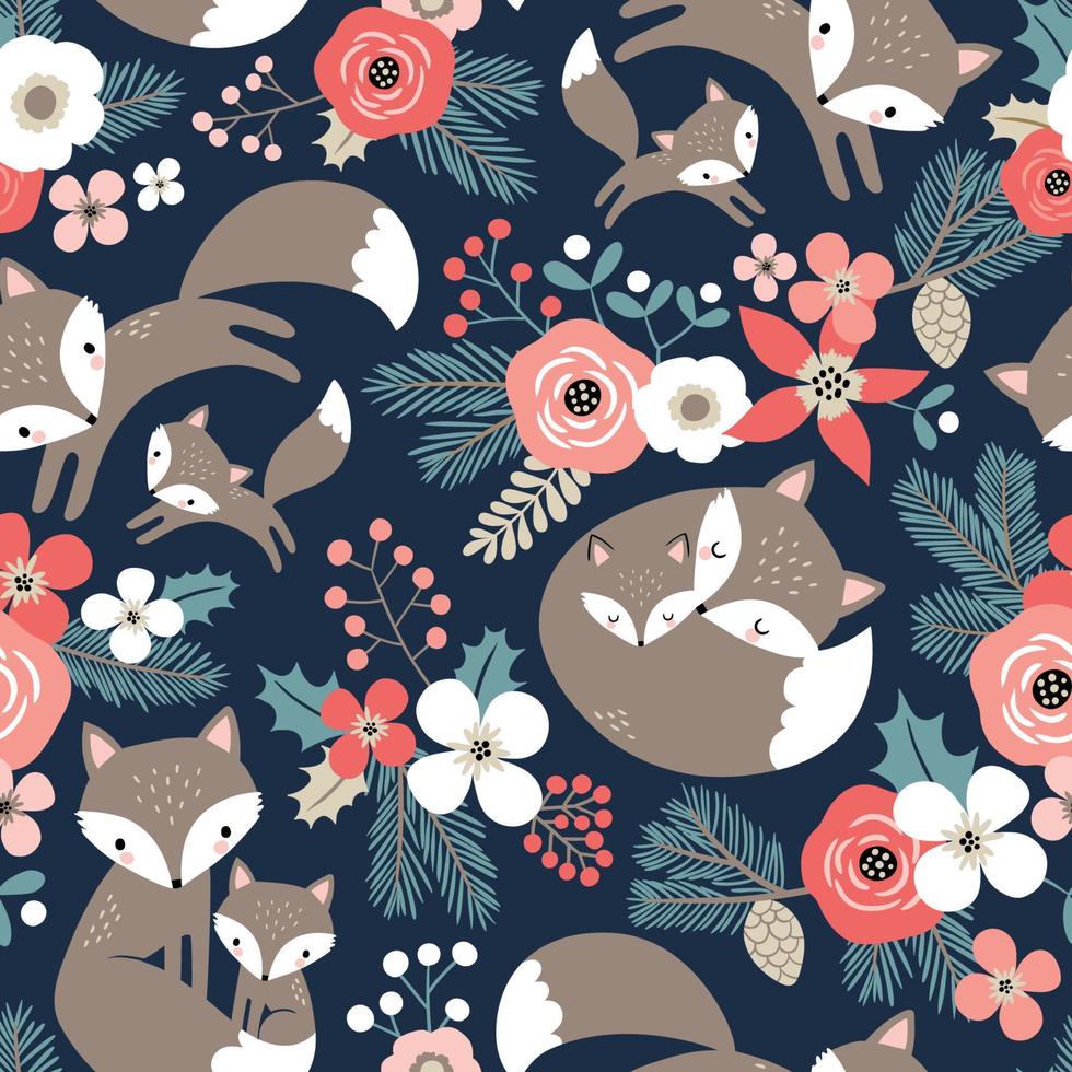 padrão perfeito com família de raposa desenhada de mão fofa e flores em fundo azul escuro. perfeito para têxteis, papel de parede ou design de impressão. vetor