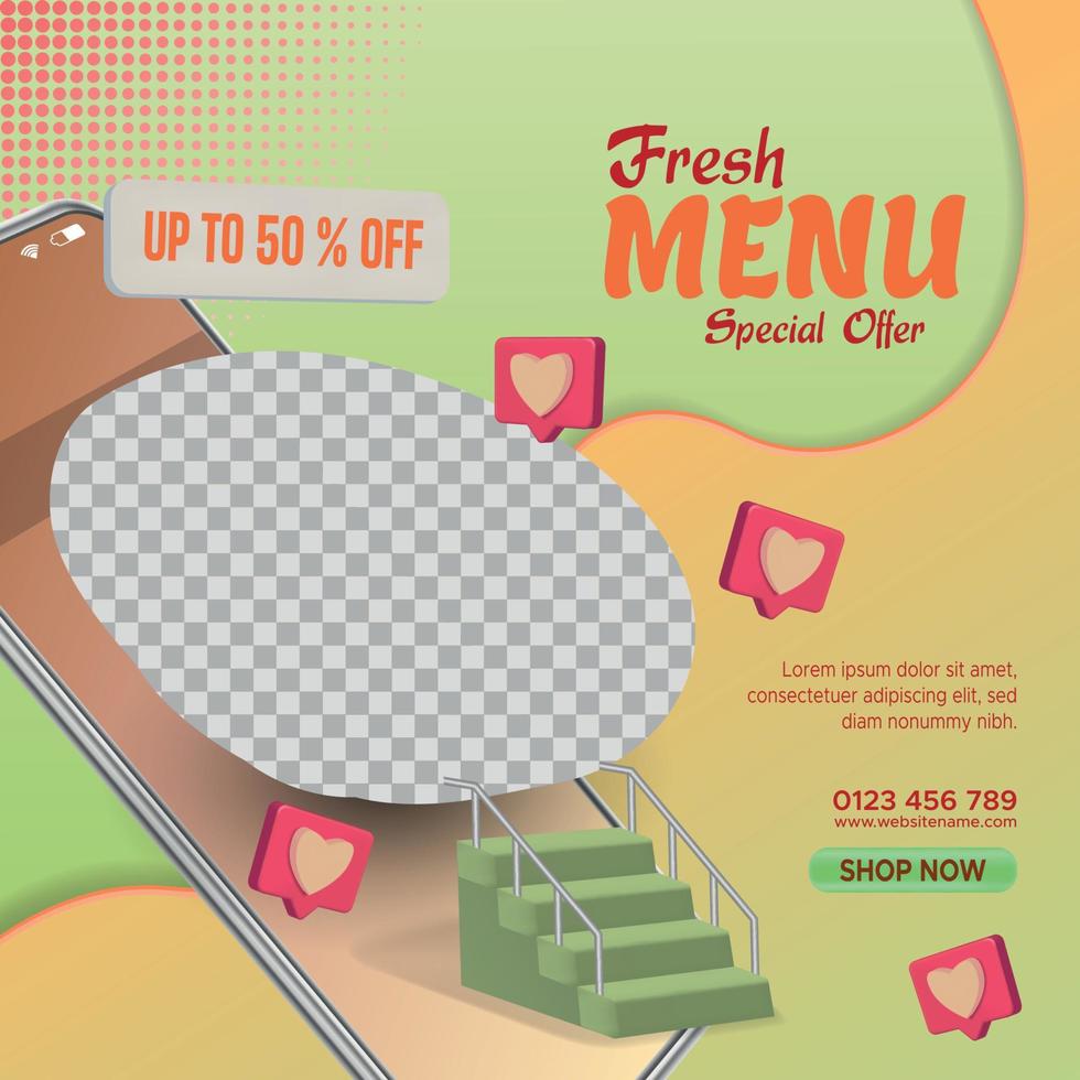 Modelo de design de banner de postagem de mídia social de menu de comida fresca. comida editável e promoção de restaurante. vetor