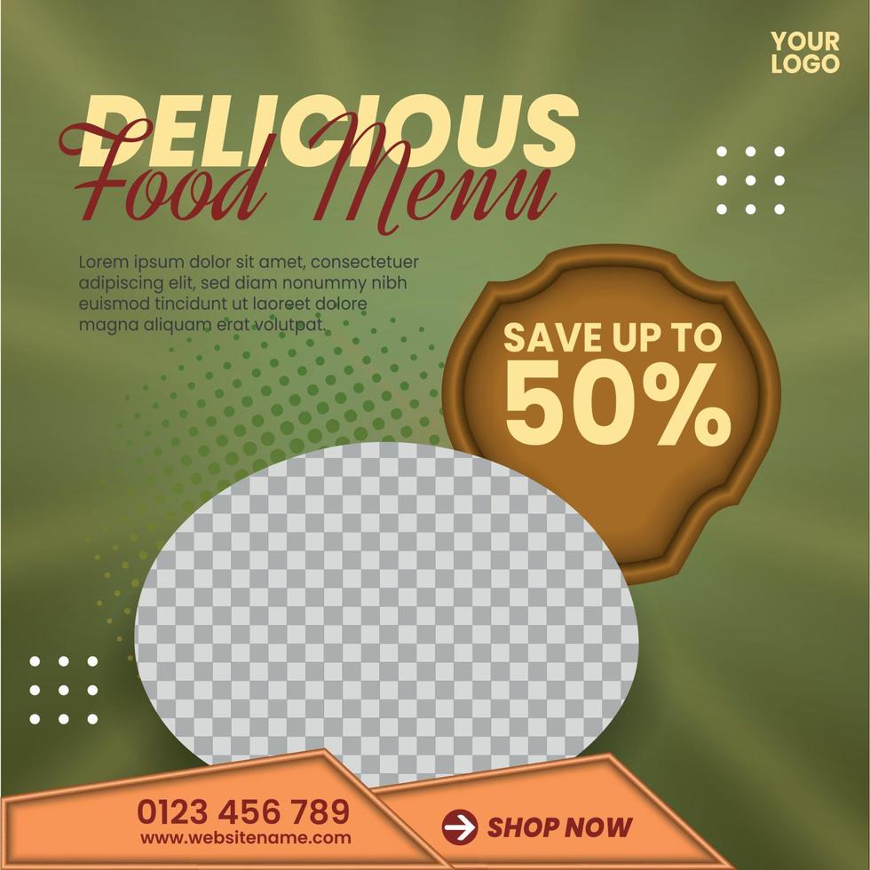 promoção de mídia social de menu de comida deliciosa e modelo de design de postagem de banner. banner de postagem de modelo social moderno. vetor