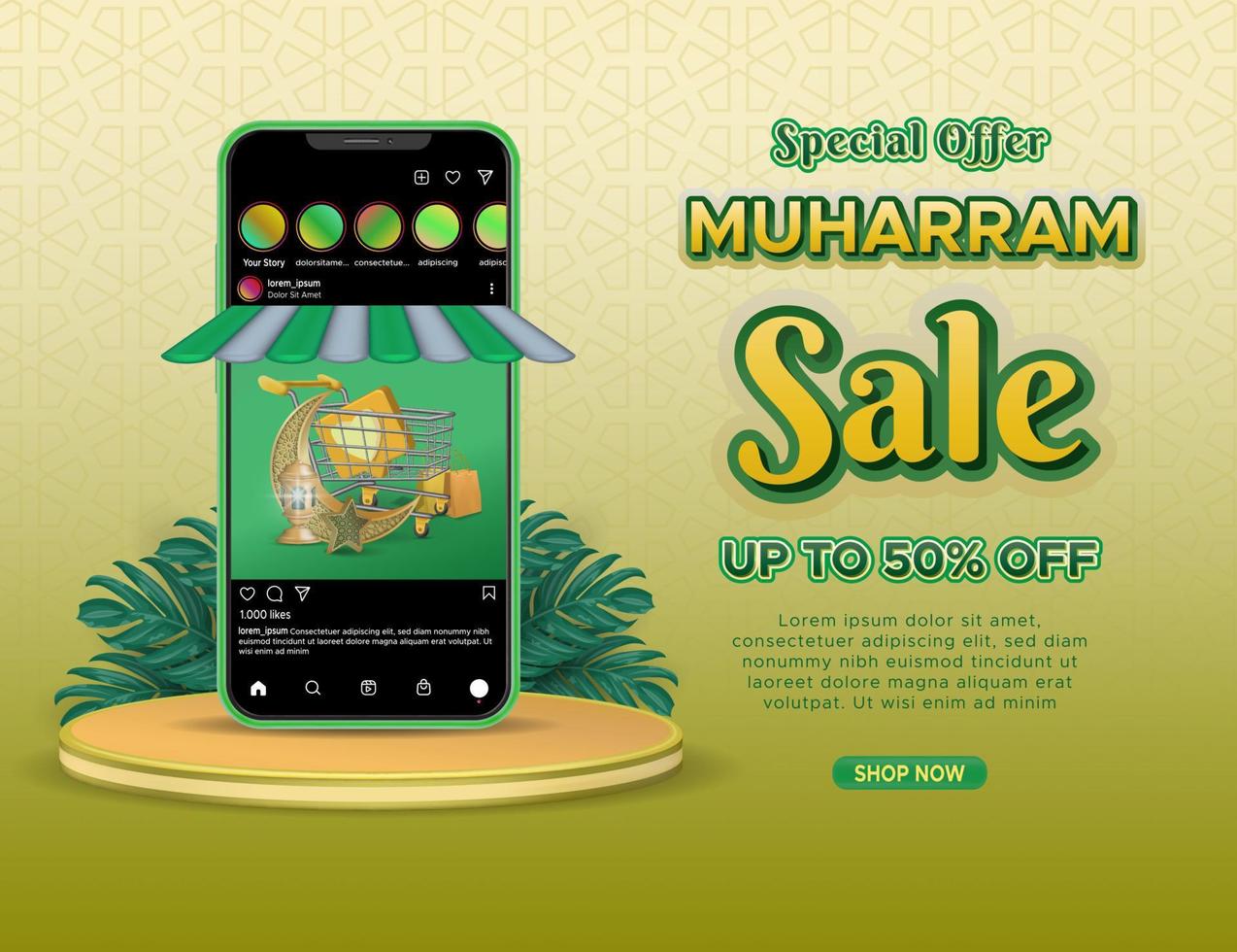 cartaz de venda muharram ou modelo de banner com smartphone realista e exibição de pódio 3d. vetor