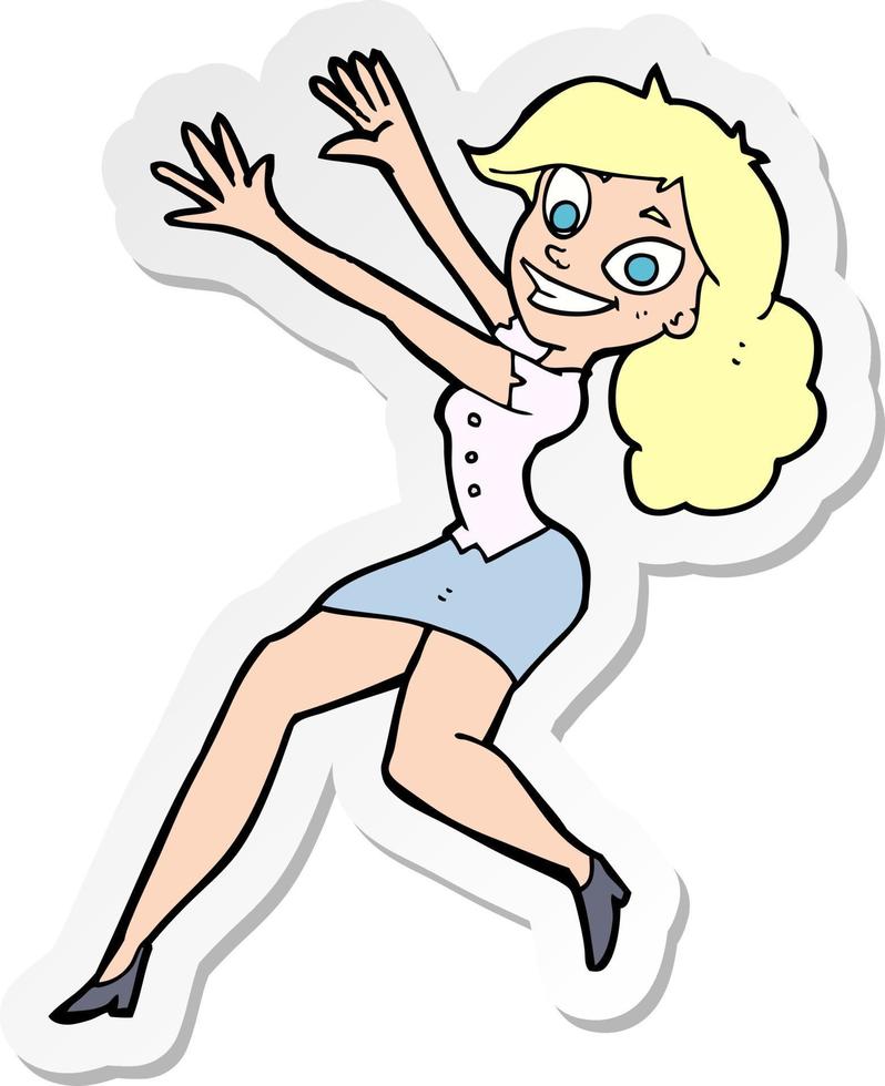 adesivo de uma mulher feliz de desenho animado pulando vetor