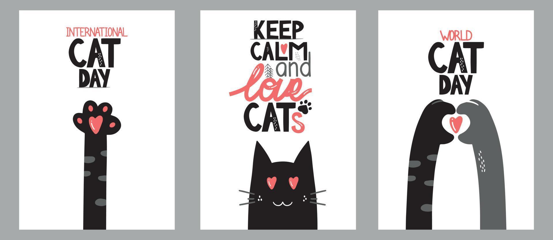 cartões postais para o dia internacional do gato em 8 de agosto. gato engraçado dos desenhos animados. animais felizes imprimem em cartão de felicitações, pôster, panfleto vetor